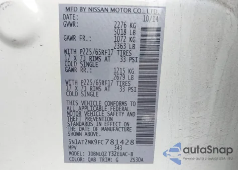 2015 Nissan Rogue Sv from USA, damaged, VIN 5N1AT2MK9FC781428